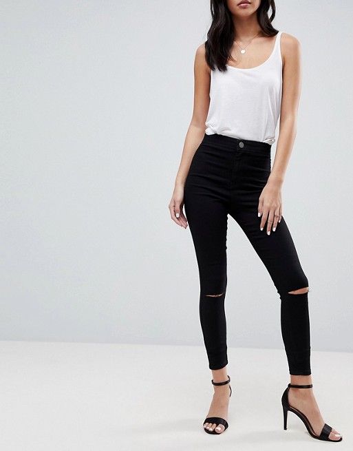 ASOS Rivington Denim High Waist Jeggings In Black with Two Ripped Knees ...