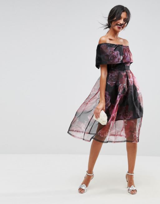 ASOS Robe de bal de promo mi longue en organza avec motif fleuri