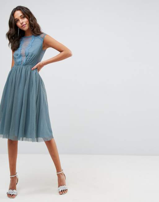 Asos Robe Mi Longue En Dentelle Ton Sur Ton Avec Mancherons En Tulle Asos