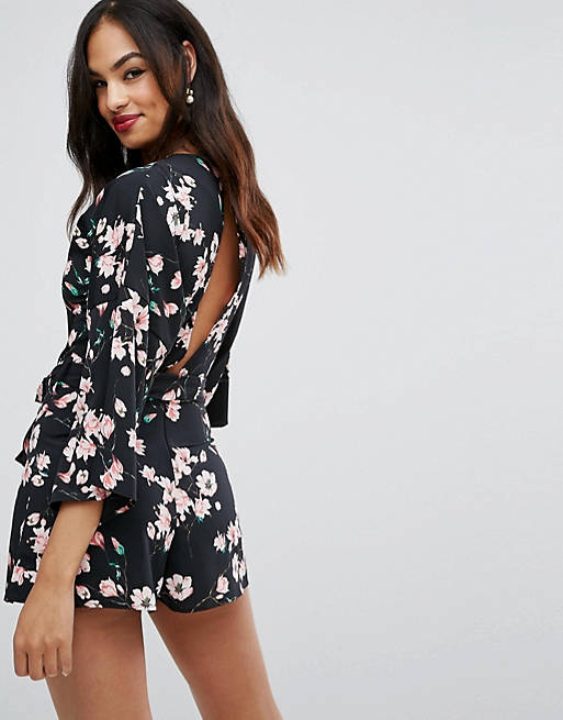 marxistisk røre ved sennep ASOS Romper with Kimono Sleeve and Self Belt Tie in Floral Print | ASOS