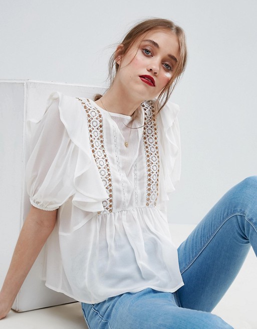ASOS | ASOS Ruffle Blouse with Eyelet Detail and Lace Insert