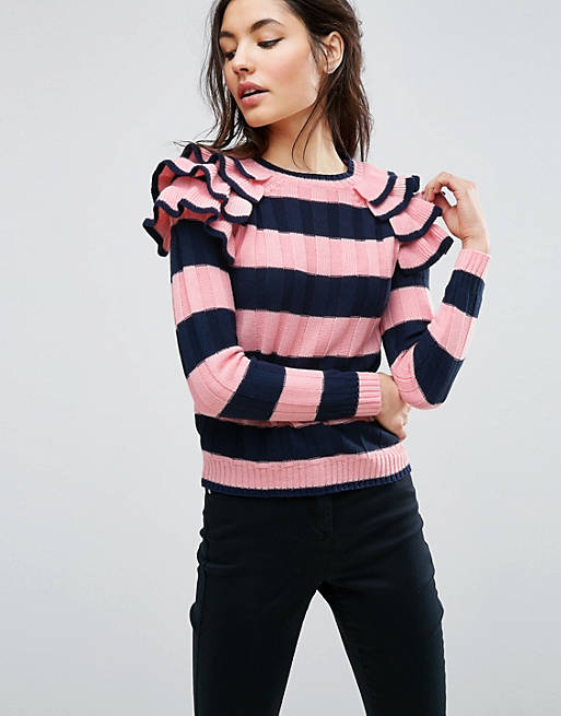 ASOS Ruffle Sleeve Sweater in Stripe