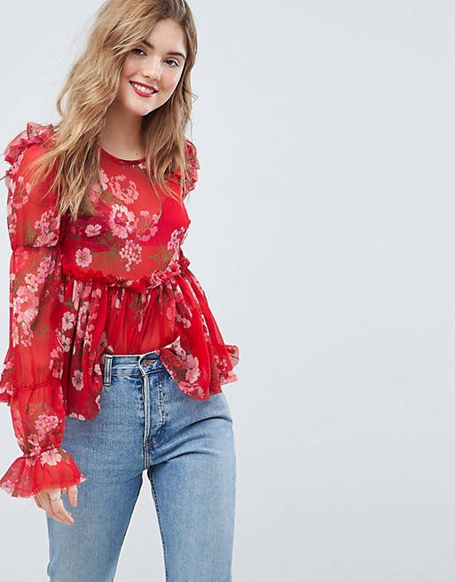 ASOS Ruffle Smock Blouse In Red Floral
