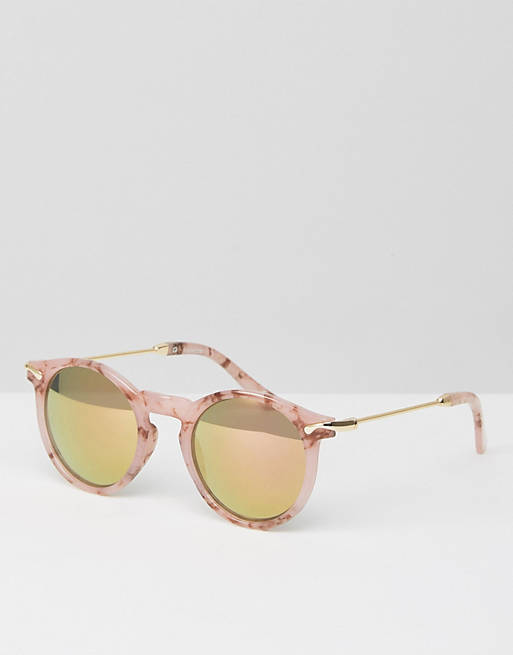 ASOS – Runde Sonnenbrille in marmoriertem Rosa mit Metallbügeln und verspiegelten Gläsern