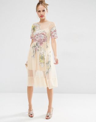 embroidered flower mesh dress