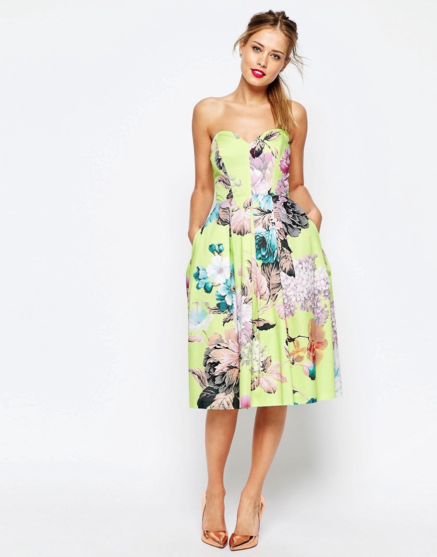 ASOS SALON Lime Floral Bandeau Midi Prom Dress-Multi