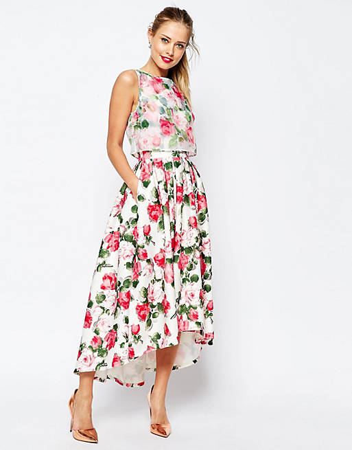 ASOS SALON Summer Rose Organza Crop Top Midi Prom Dress | ASOS