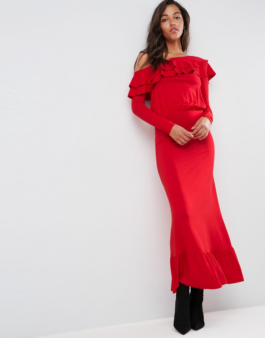 ASOS Salsa One Shoulder Maxi Dress-Red