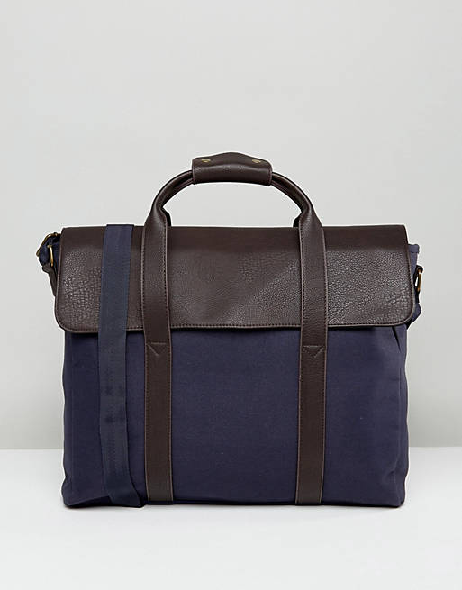 ASOS Satchel With Foldover Top In Navy Canvas
