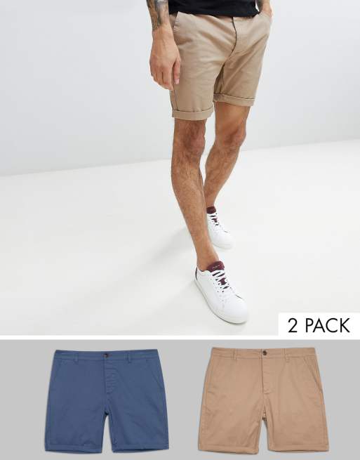 ASOS – Schmale Chinoshorts im 2er-Set in Stone und Blau, Rabatt