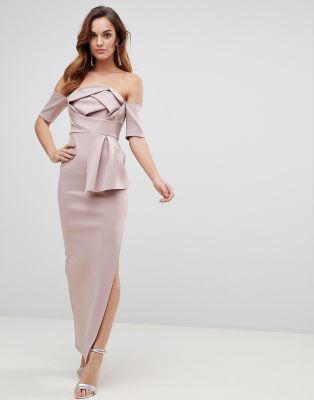 ASOS Scuba Bardot Folded Bow Front Maxi Dress-Pink