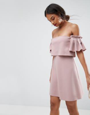 bardot ruffle mini dress