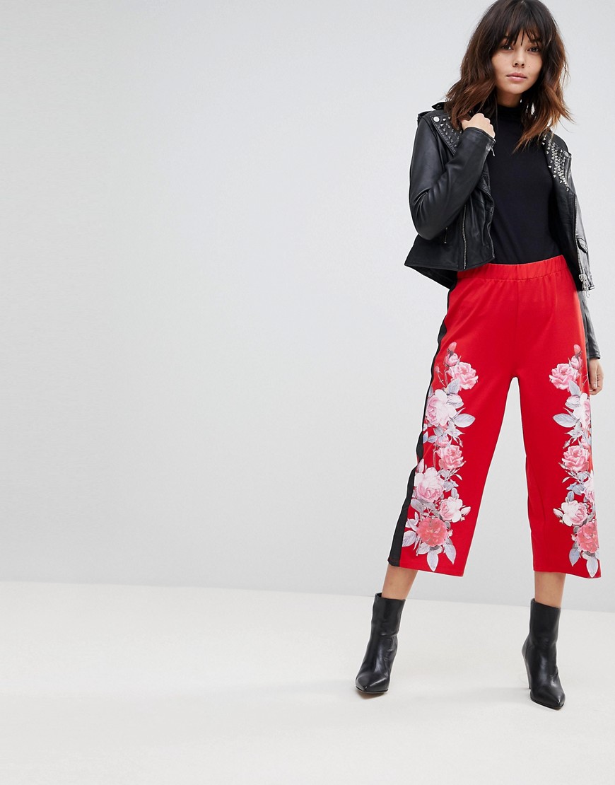 ASOS Scuba Culottes with Floral Print & Stripe-Red