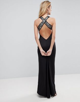 ASOS Sequin Bodice Strappy Back Fishtail Maxi Dress-Black