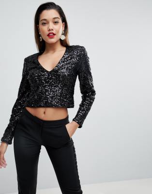 ASOS Sexy Plunge Long Sleeve Sequin Top-Black