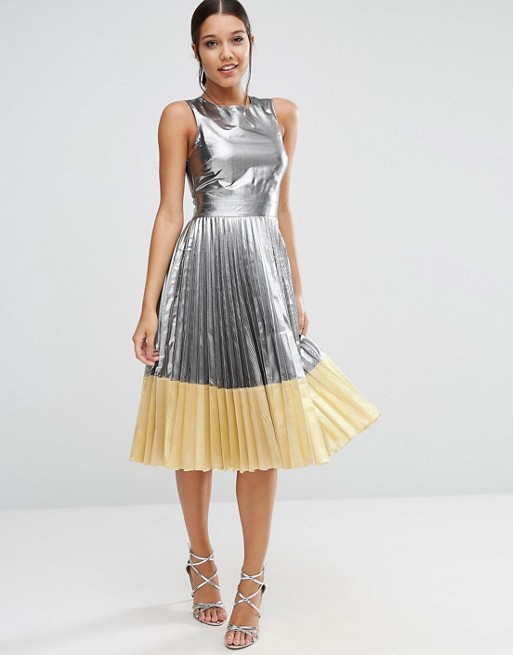 ASOS | ASOS Sheer And Solid Metallic Pleated Midi Dress