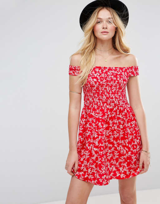 ASOS | ASOS Shirred Off Shoulder Mini Sundress in Red Floral Print