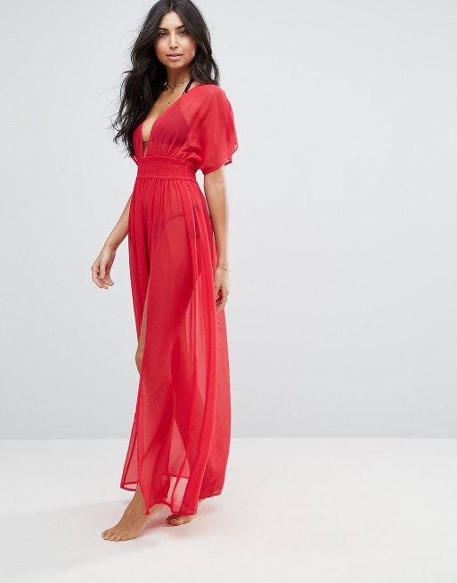 ASOS Shirred Waist Maxi Chiffon Beach Kaftan