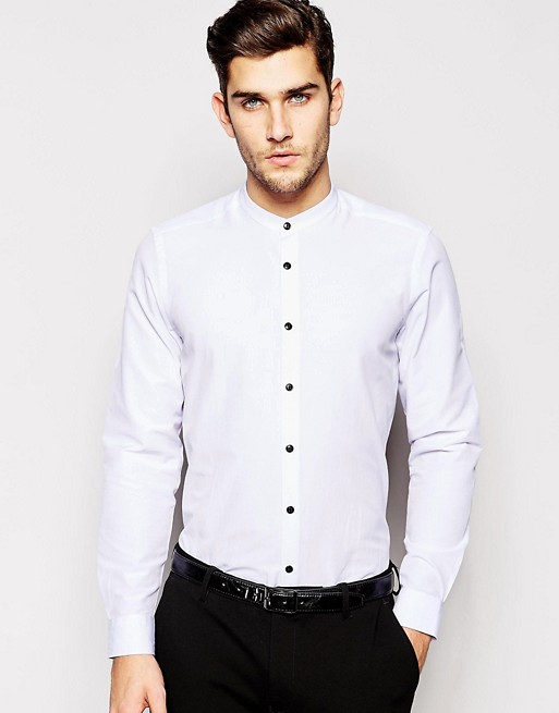 ASOS Shirt In Long Sleeve With Grandad Collar And Contrast Buttons