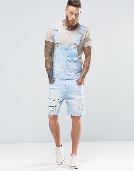 ASOS | ASOS Short Overalls In Bleach Wash With Rips