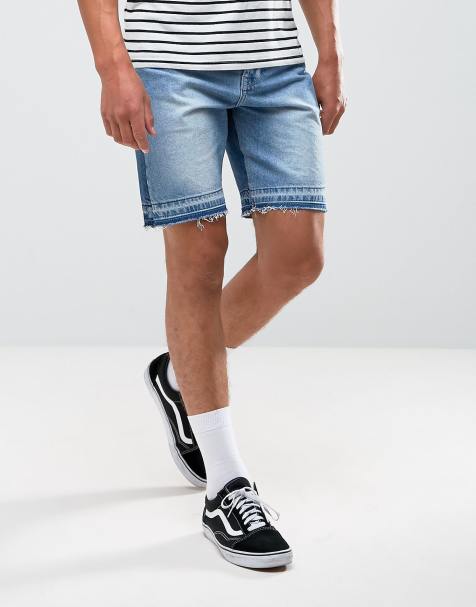 ASOS - Short slim en jean avec effet coupé-cousu - Bleu délavé moyen - view 1