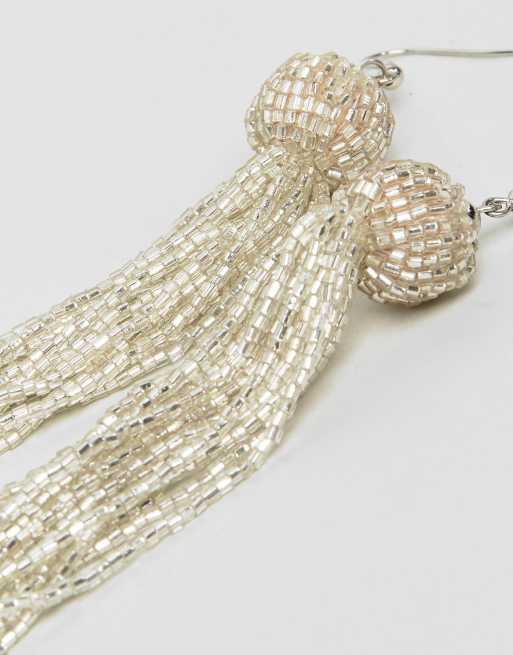 Silver beaded deals tassel earrings