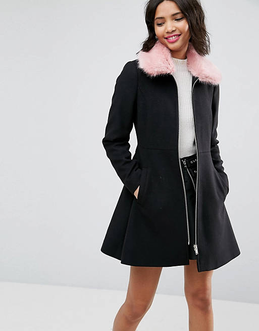 Asos Skater Coat With Pink Faux Fur, Pink Coat With Faux Fur Collar