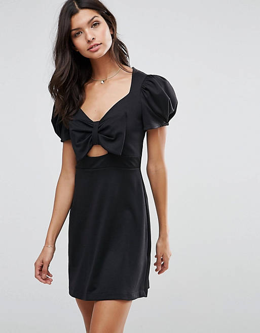 ASOS Skater Dress with Bow Detail and Puff Sleeves