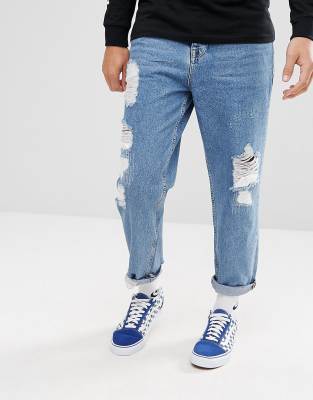 ASOS Skater Jeans In Vintage Mid Wash Blue With Heavy Rips