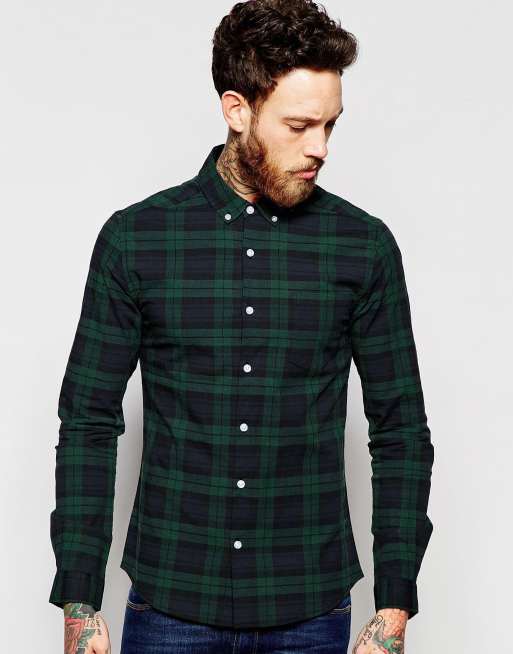 ASOS Skinny Blackwatch Check Shirt In Navy | ASOS