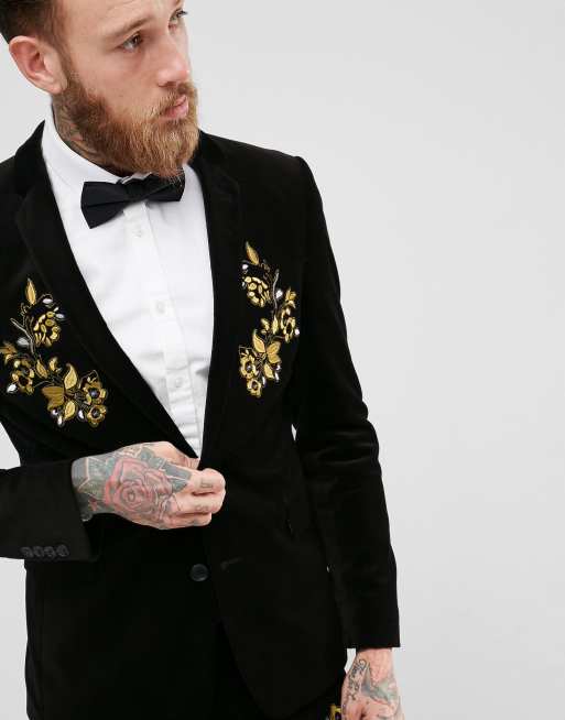 ASOS Skinny colbert van zwart fluweel met borduursel, 3 van 4