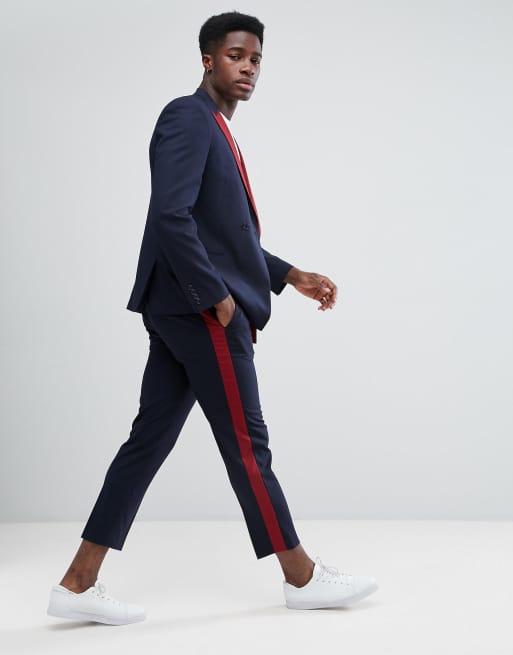 ASOS Skinny Crop Suit PANTS In Navy With Wine Side Stripe