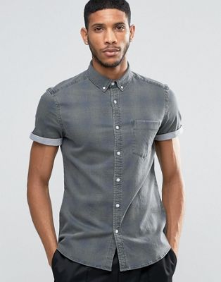 ASOS Skinny Denim Shirt With Check In Khaki With Short Sleeve | ASOS