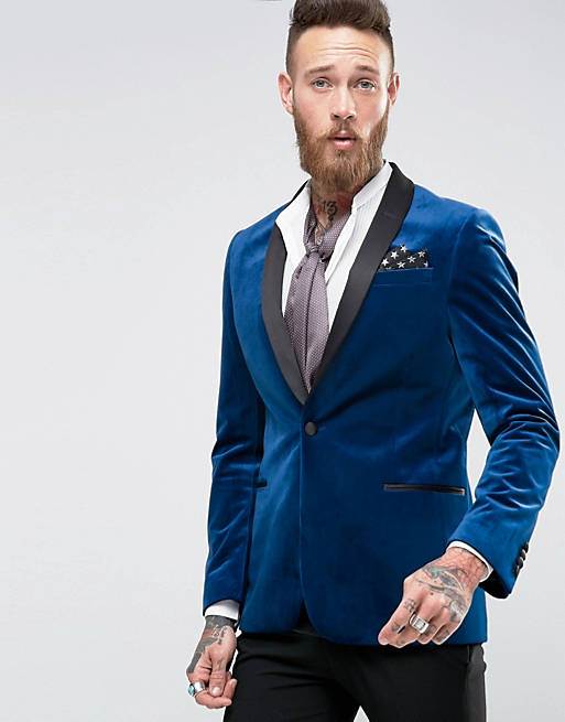ASOS Skinny Fit Blazer In Blue Velvet