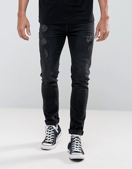ASOS Skinny Jeans In 12.5oz Black With Rips | ASOS