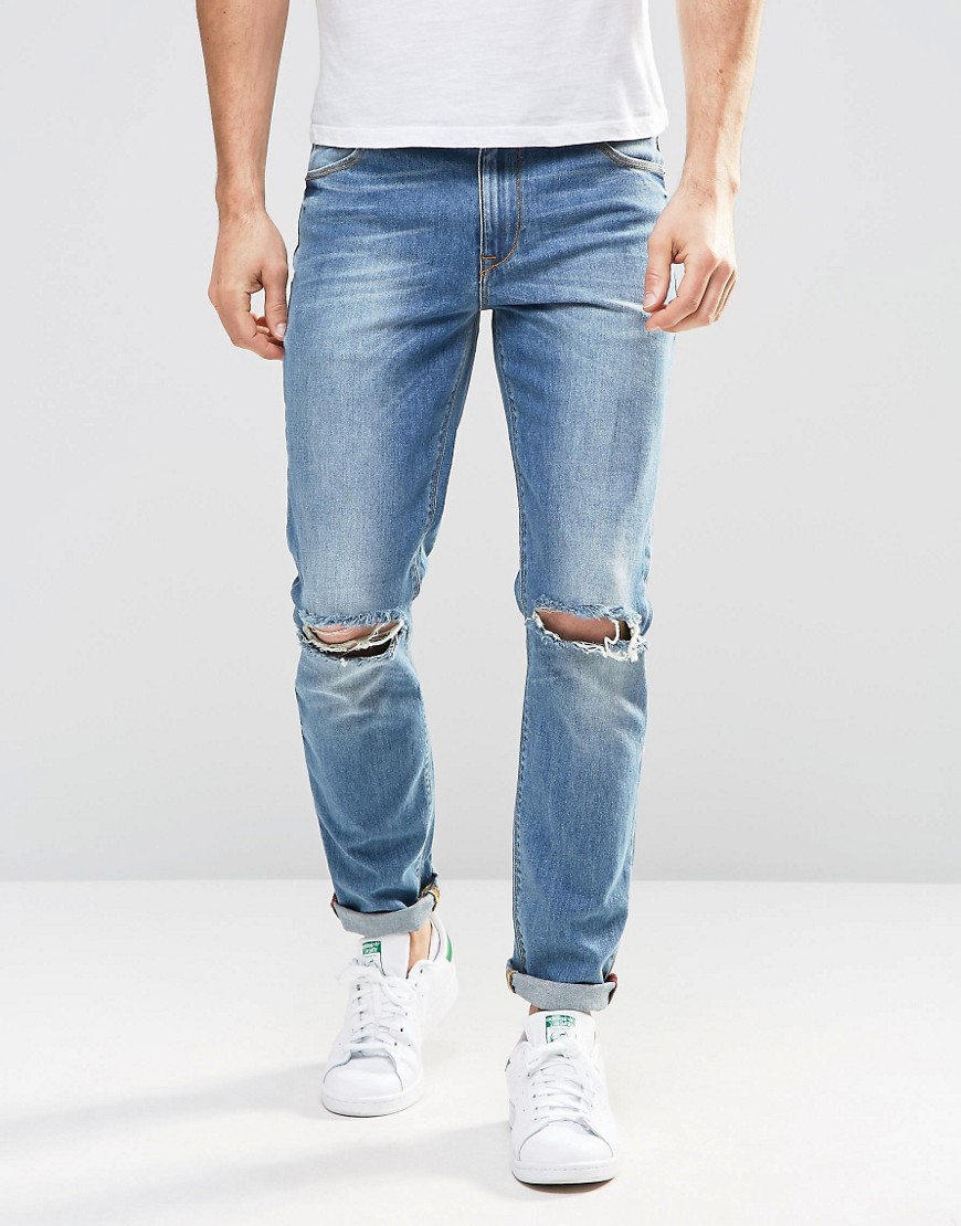 ASOS Skinny Jeans In Mid Wash With Knee Rips-Blue