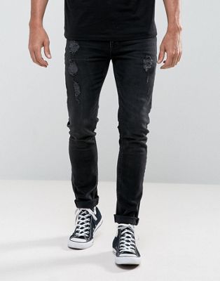 ASOS - Skinny jeans met scheuren in 12,5 oz zwart