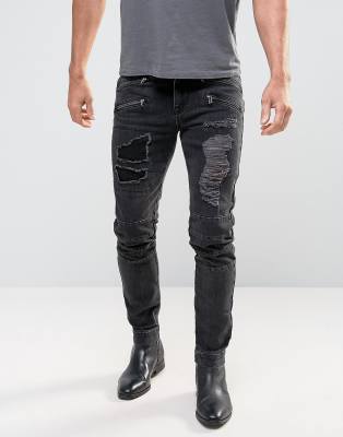 biker jeans with zippers and rips