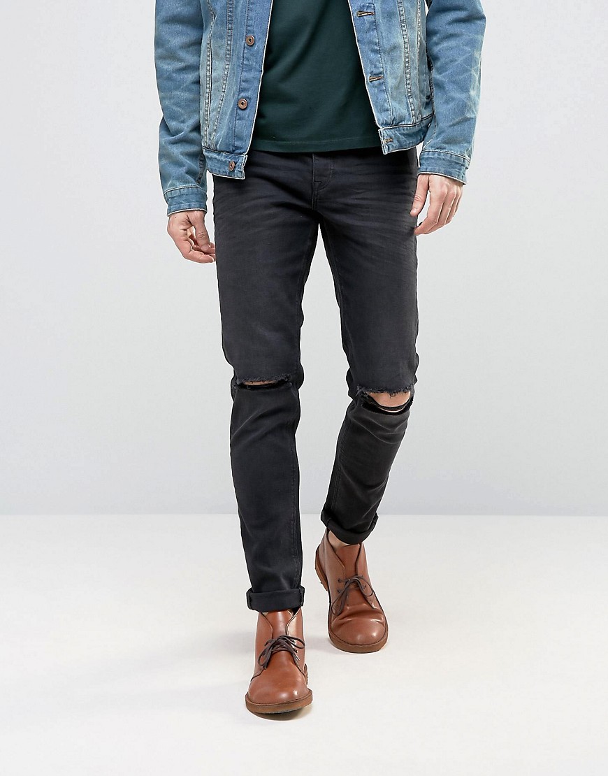ASOS Skinny Jeans With Rips In 12.5oz Washed Black
