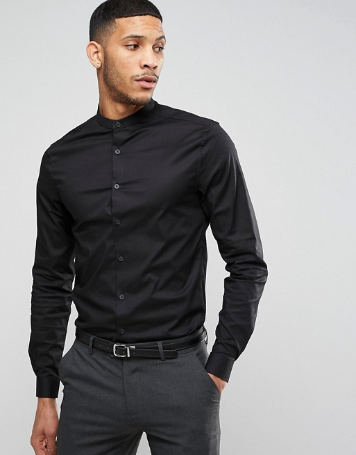 ASOS | ASOS Skinny Shirt In Black With Grandad Collar And Long Sleeves
