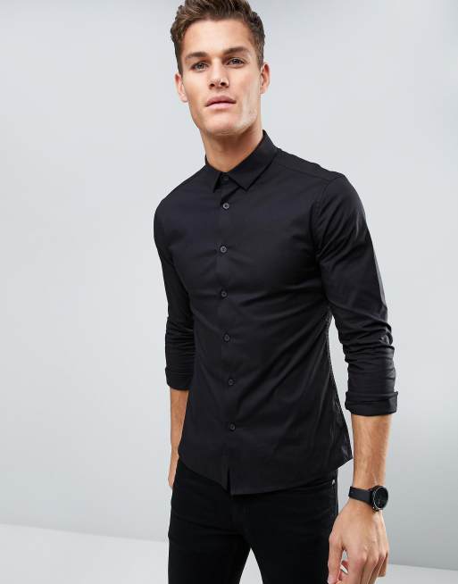 ASOS Skinny Shirt In Black With Long Sleeve | ASOS