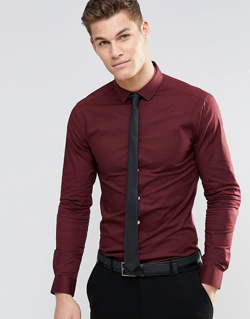 ASOS Skinny Shirt In Burgundy With Black Tie SAVE 15% | ASOS