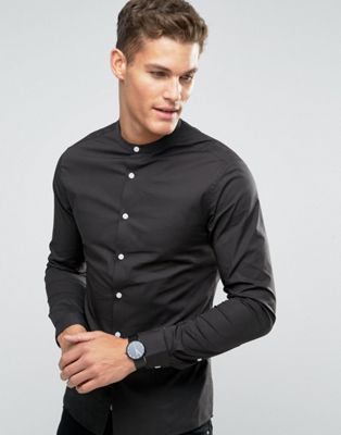 ASOS Skinny Shirt In Charcoal With Grandad Collar