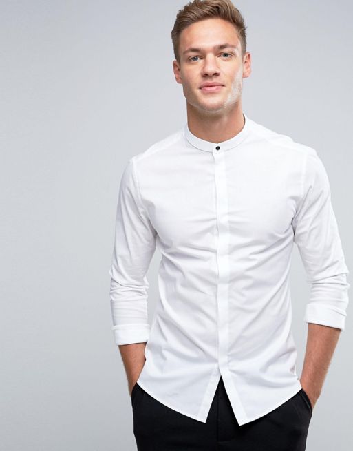 ASOS Skinny Shirt In White With Grandad Collar And Gunmetal Popper | ASOS