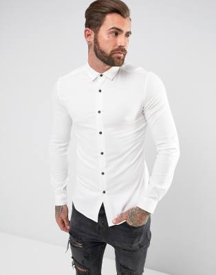 ASOS Skinny Stretch Viscose Shirt In White With Contrast Buttons