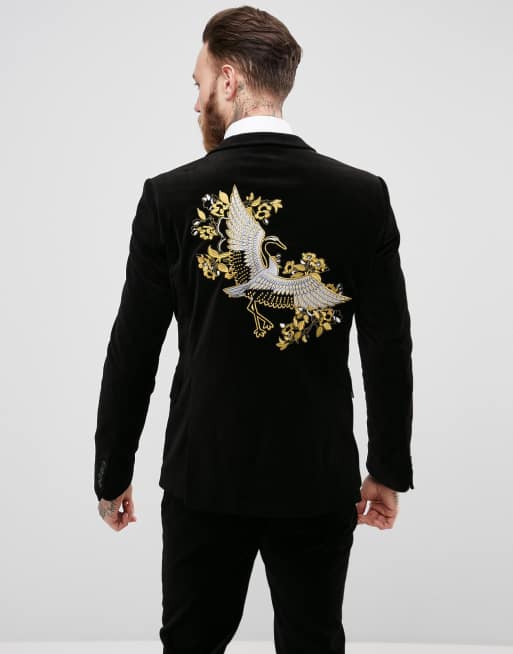 ASOS Skinny Suit Jacket In Black Embroidered Velvet, 2 of 4