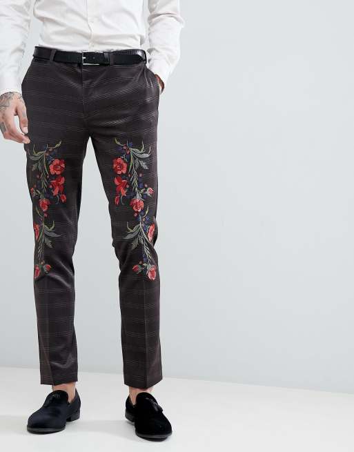 ASOS Skinny Velvet Check Suit Trousers With Floral Embroidery
