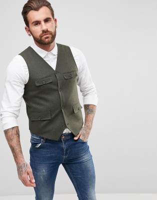 ASOS Skinny Waistcoat In Khaki Wool Mix