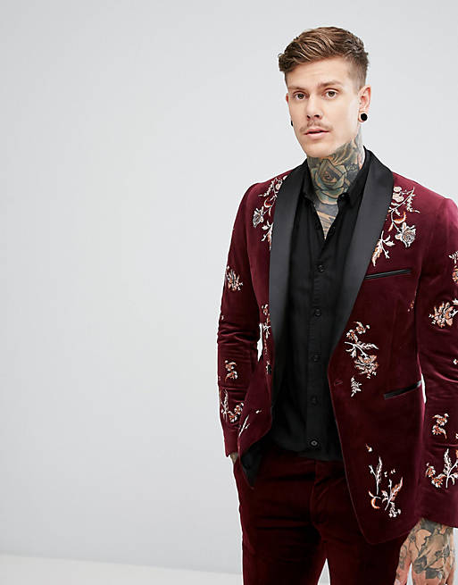 ASOS Slim Blazer In Burgundy Velvet With Embroidery | ASOS