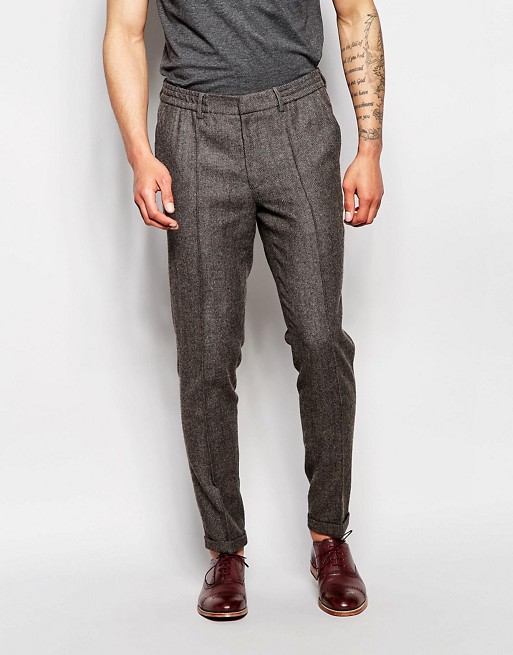 ASOS Slim Smart Trousers With Drawstring Waist In Brown Tweed | ASOS